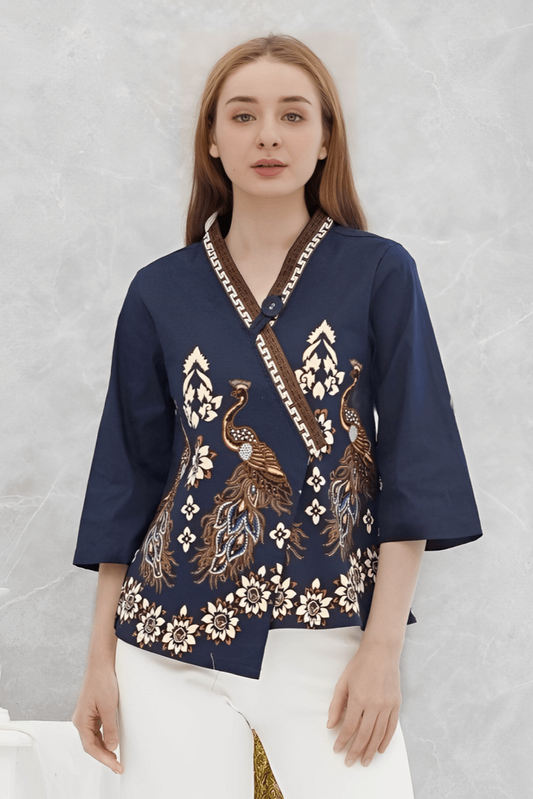 Navy batik kimono-style top with bird and floral print