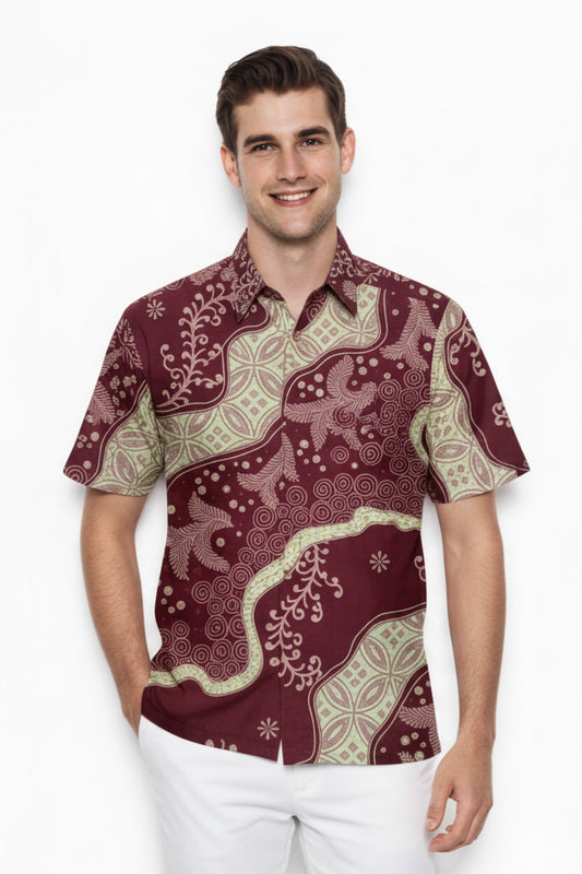 Men's Batik Shirt – Crimson Laurel | Short Sleeves 1
