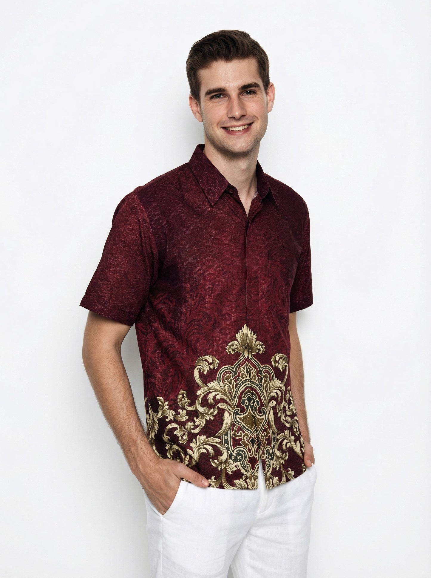 Men’s Batik Shirt – Crimson Regal | Short Sleeves