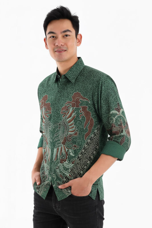 Men’s Batik Shirt – Emerald Phoenix | Long Sleeves 1