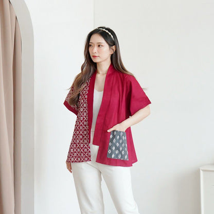 Women's Batik Kimono Jacket - Artisanal Embroidery - red