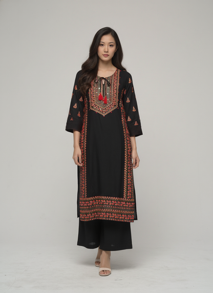 Women’s Batik Kurti – Black Ember Threadwork 3