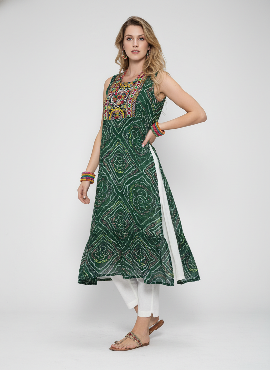 Women’s Batik Kurti – Emerald Mosaic Sleeveless 1