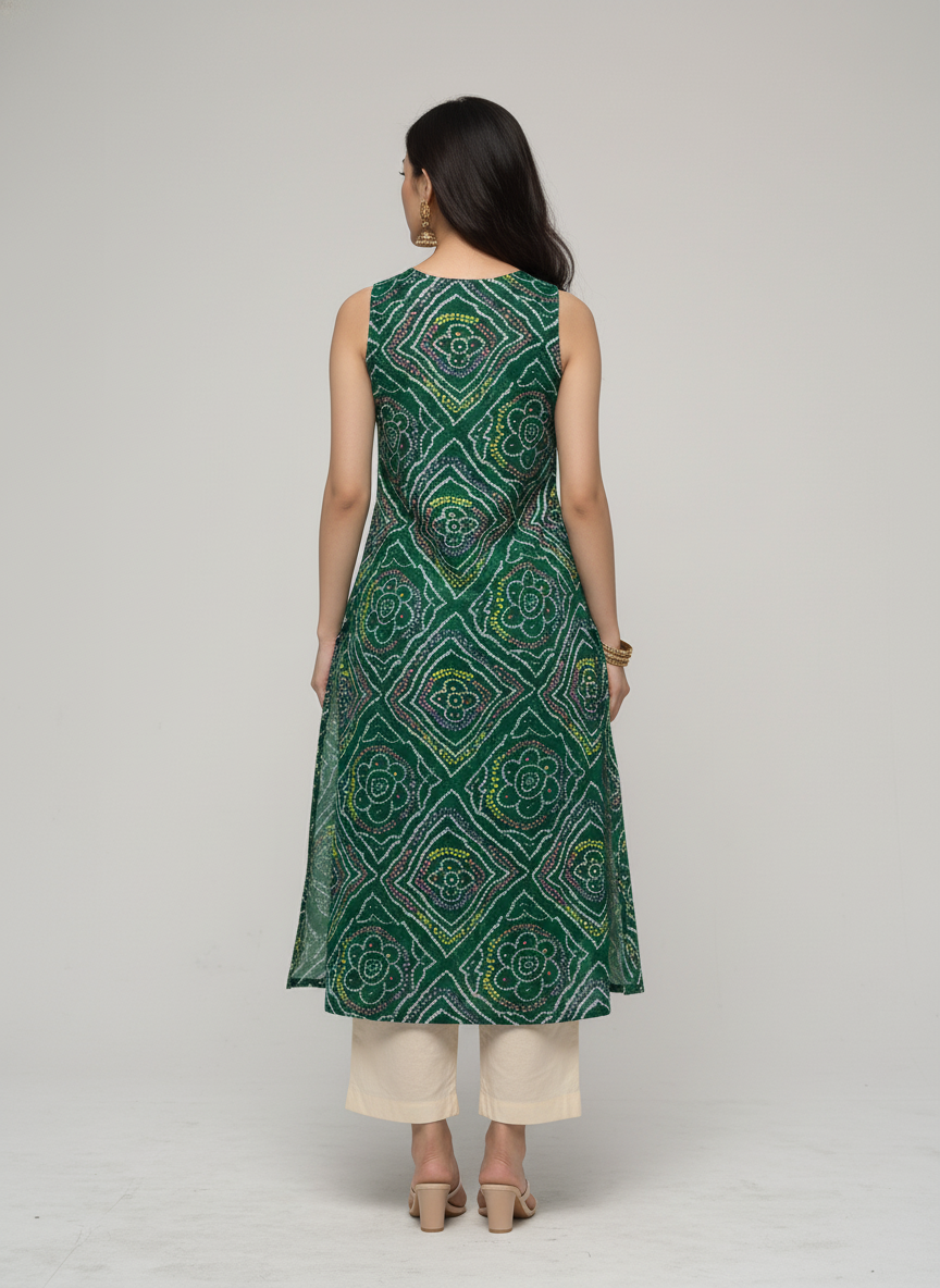 Women’s Batik Kurti – Emerald Mosaic Sleeveless 2