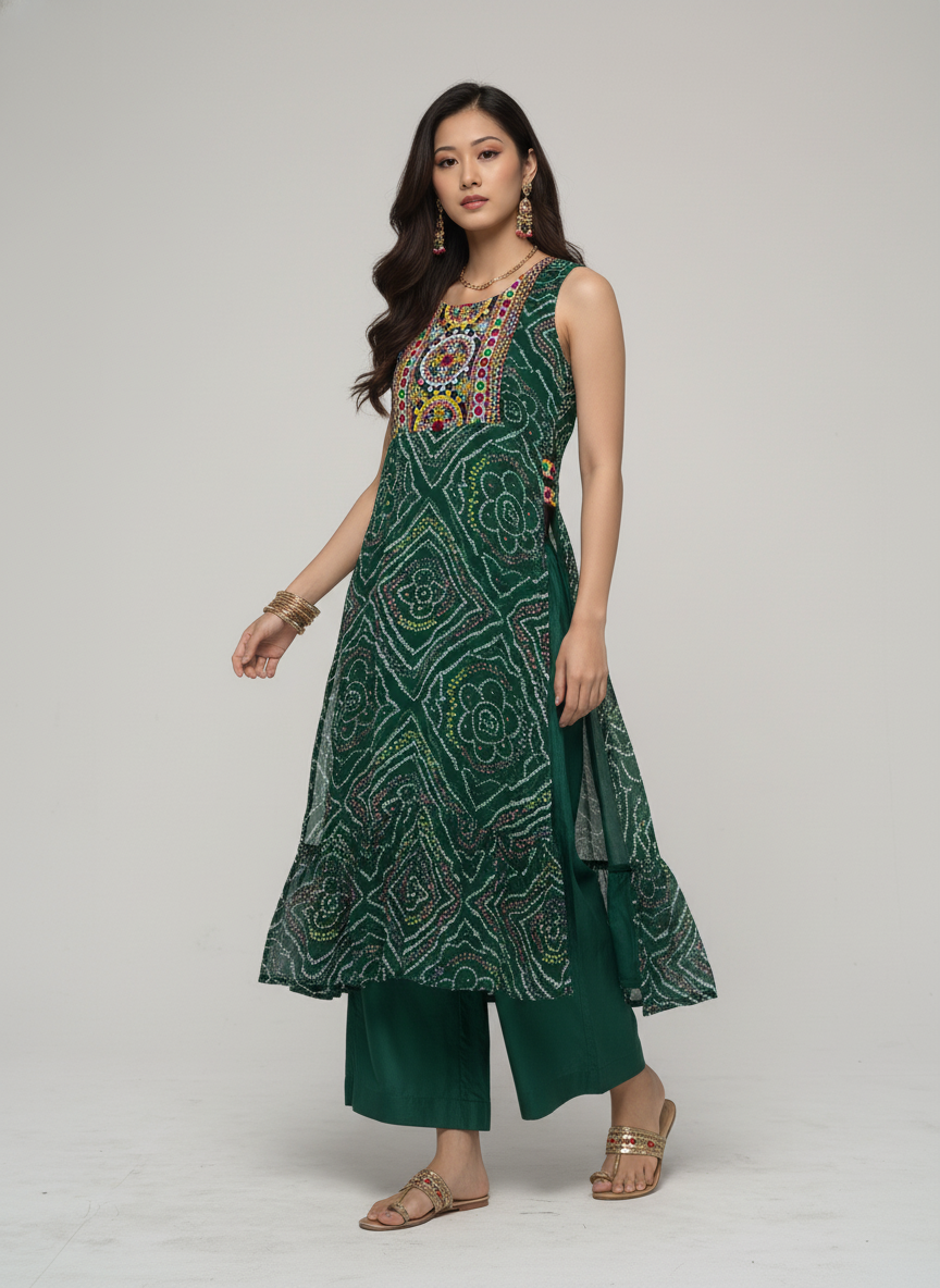 Women’s Batik Kurti – Emerald Mosaic Sleeveless 3