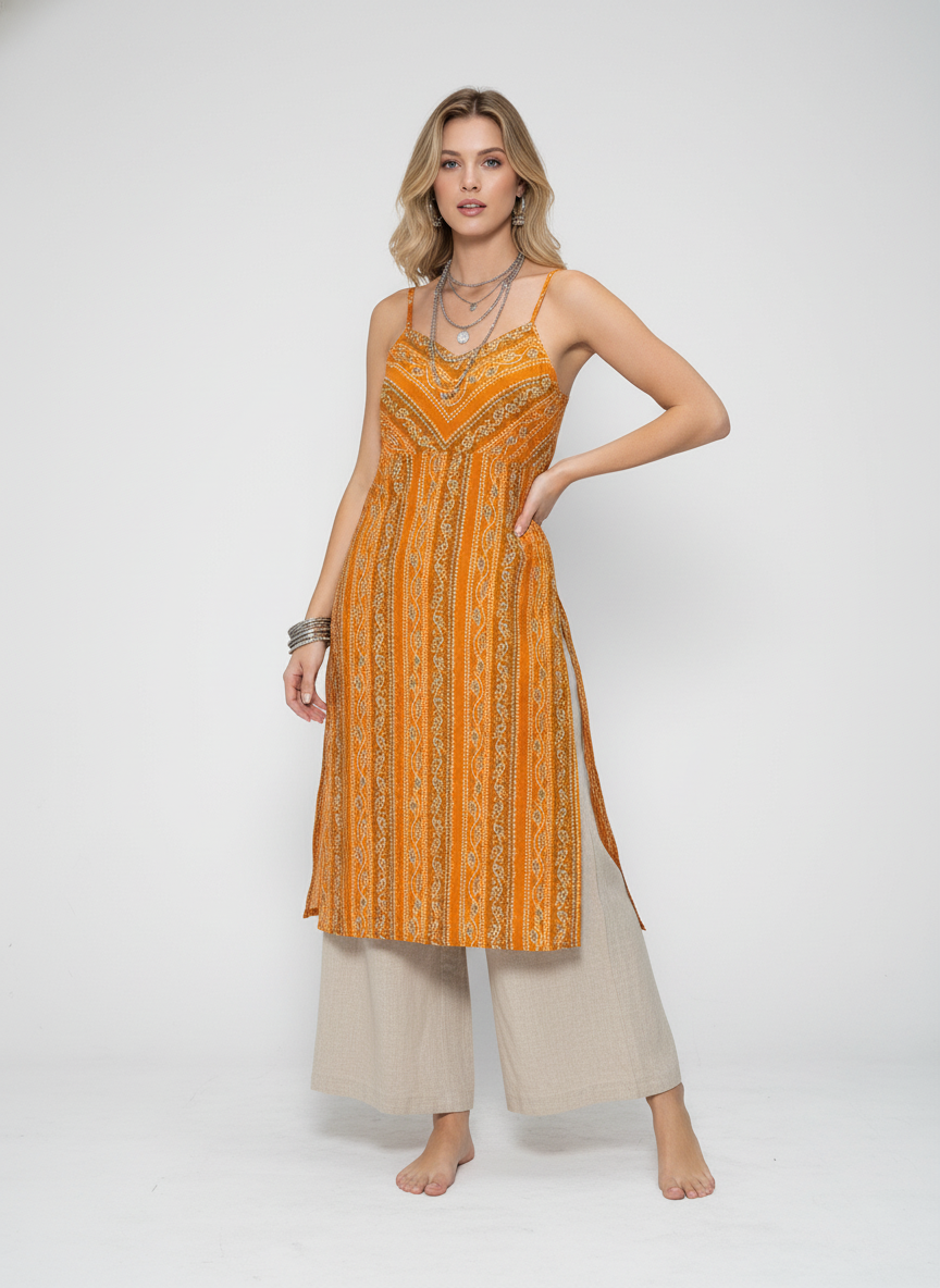 Women’s Batik Kurti – Golden Sunflow Sleeveless 3