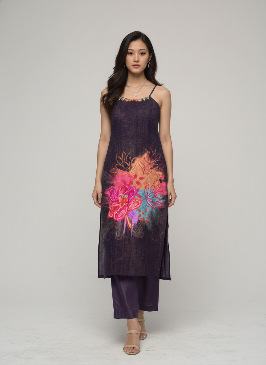 Women’s Batik Kurti – Midnight Bloom Sleeveless 1