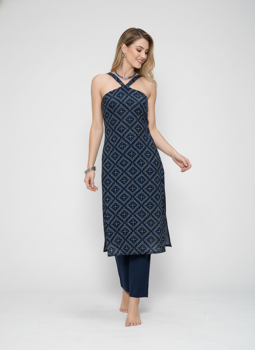 Women’s Batik Kurti – Midnight Diamond Halter 1