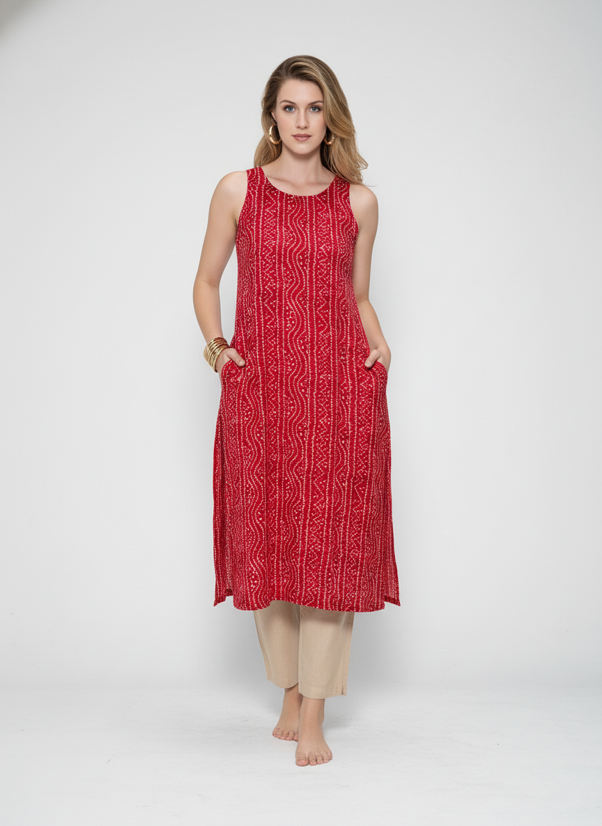 Women’s Batik Kurti – Ruby Rhythm Sleeveless 1