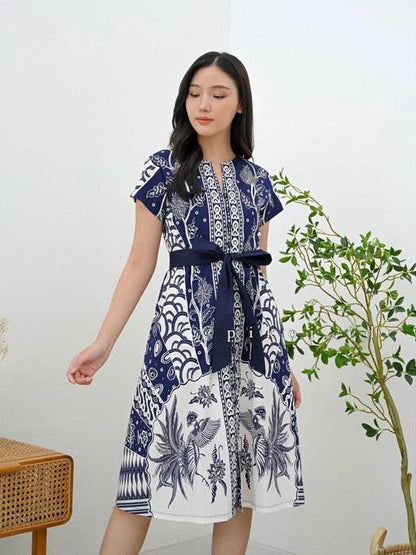Women's Batik Midi Dress - Blue Floral