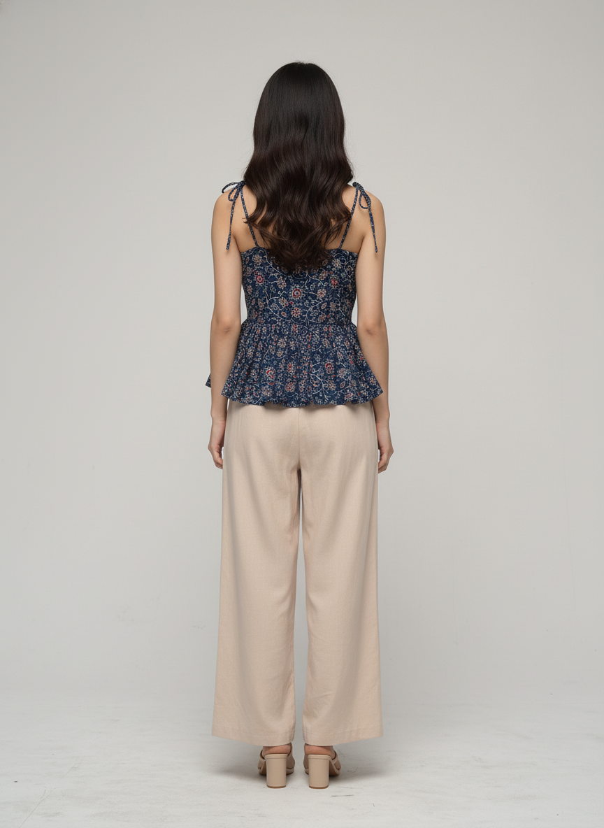 Women’s Batik Top – Navy Meadow Tie-Strap Peplum 2