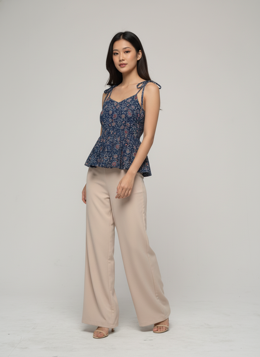Women’s Batik Top – Navy Meadow Tie-Strap Peplum 3